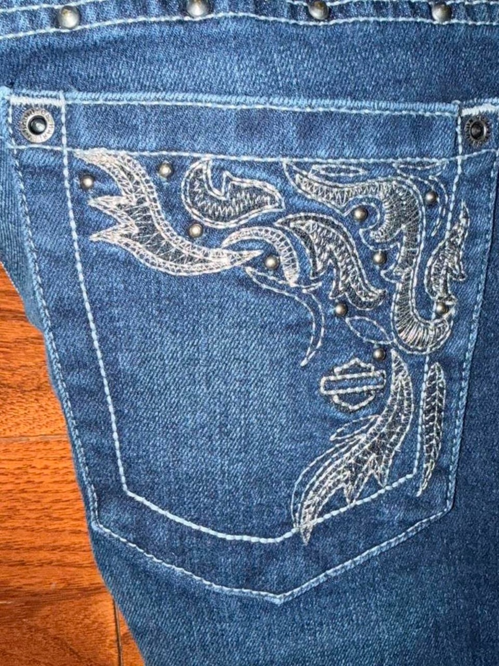 Harley-Davidson Dark Blue Bootcut Jeans with Embroidered Back Pockets - Picture 4 of 6